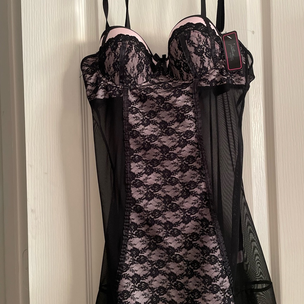 Native Intimates Pink and Black Lace Chemise with Bustier Design